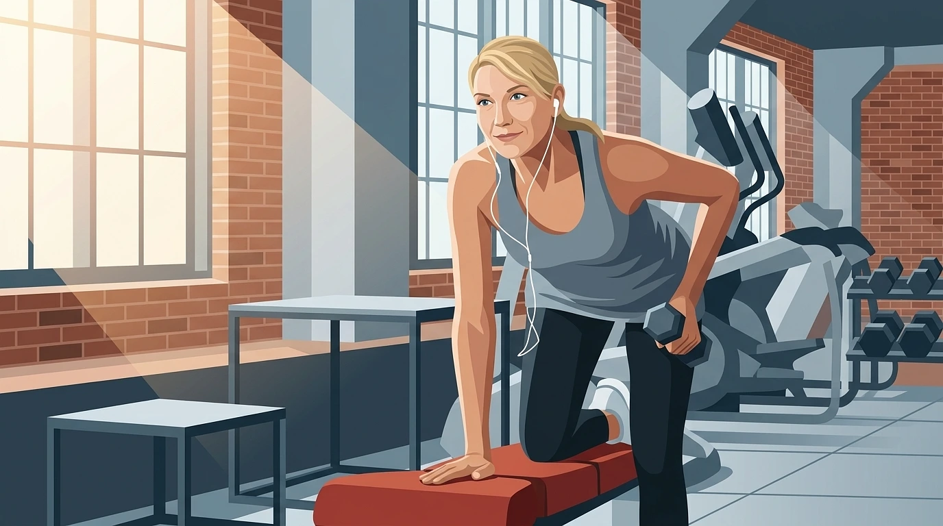 Woman in her late thirties strength training with light dumbbells in a bright studio